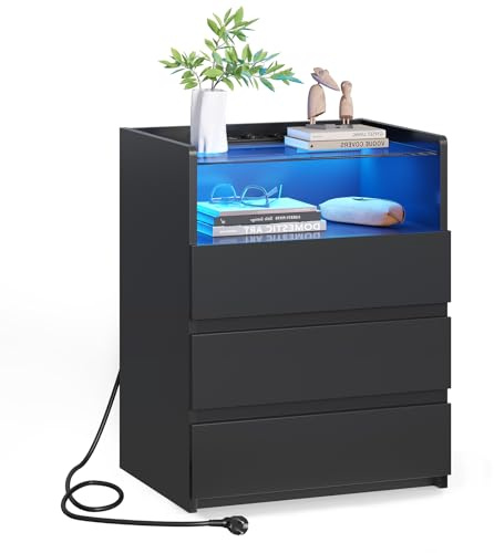 AOGLLATI Nachttisch mit LED-Beleuchtung und Ladestation | Nachtschrank mit Sichtbarer Glastischplatte,3 Schubladen und 1 Fach,Beistelltisch Modern Sofatisch Couchtisch(1, Schwarz)