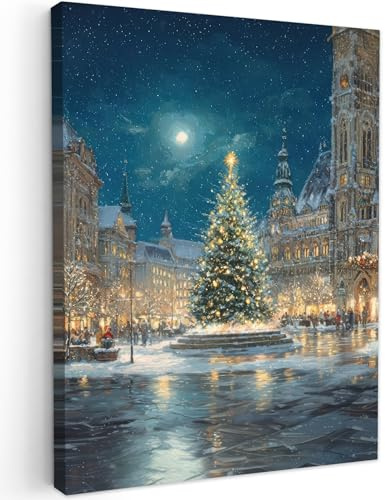 MuchoWow© Bild auf Leinwand Weihnachtsdeko Schlafzimmer Bilder Badezimmer | 60x80 cm - Wand Deko Wohnzimmer Weihnachtsgeschenke Modern Bilderwand Geschenk Heiligabend - Town Square - Mehrfarbig