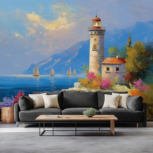 Fotomurale Soggiorno 200 x 140 cm Carta da parati Fogli Stile Pittura A Olio, Fotomurali in Tnt Murale Decorazione da Muro Mare Faro Fiore Barca A Vela Poster Design Cameretta Carta per pareti
