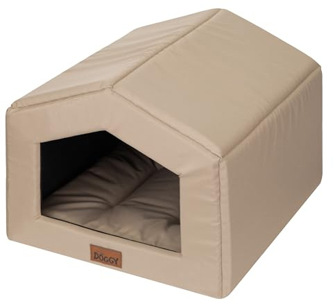 DOGGY Hundehütte – Hundehöhle mit Kissen - Winterfest Wasserdicht Wetterfester – Warm Hundehaus - Katzenhaus Für Draußen - Haustiere Kleine Hund Katze 46x50x38 cm - Beige