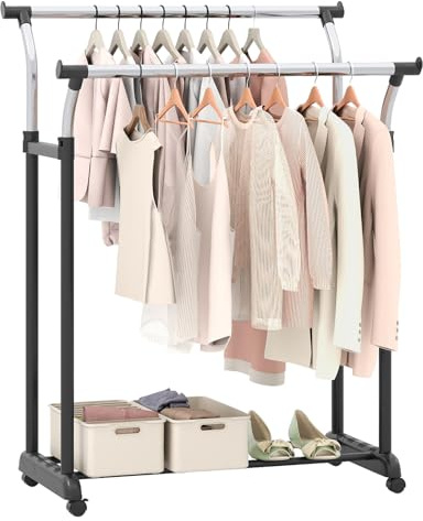 COSTWAY Portant a Vetement Double sur Roulette, Hauteur Réglable 106-175 cm, Penderie Vetement Solide en Métal, Porte Cintres sur Pied en Métal pour Vestiaire, Buanderie
