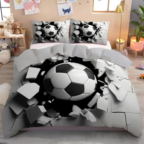 GSAEIMCT 3D Wall-Fußball Bettwäsche Set 200X220Cm 3Teilig Mit Reißverschluss Weiche Und Angenehme Schlafkomfort Microfaser Schwarz-Weiß Illustrationsbewegung Kinderbettwäsche Mit Kissenbezug 80X80 cm