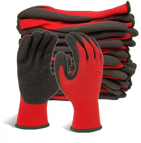 Ruiyang 24 Pairs Heavy Duty Red Work Gloves – Latex Coated Crinkle Grip Safety Gloves, Non-Slip Rubber Gloves for Construction, Warehouse, Gardening & Builders (Large 9)