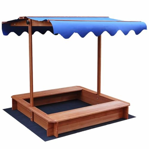 Sabbiera con tetto e panchina, in legno, 114 x 114 x 114 cm, protezione UV, blu, con tessuto non tessuto. Il sacco di sabbia è solo per i bambini