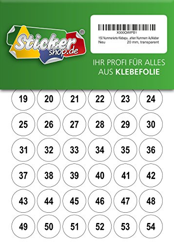 150 nummerierte Klebepunkte, 20 mm, transparent, aus PVC Folie, wetterfest, Markierungspunkte Kreise Punkte Zahlen Nummern Aufkleber