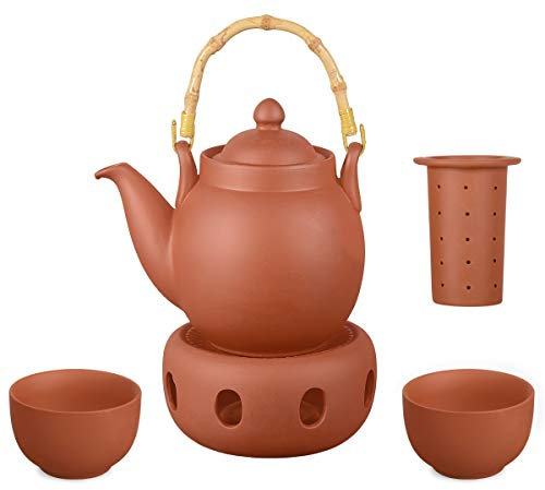 Aricola Ton Teeservice Tenno 4-teilig. Bestehend aus Ton Teekanne 0,8 Liter, Stövchen und 2 Tontassen. Handgefertigt, Original