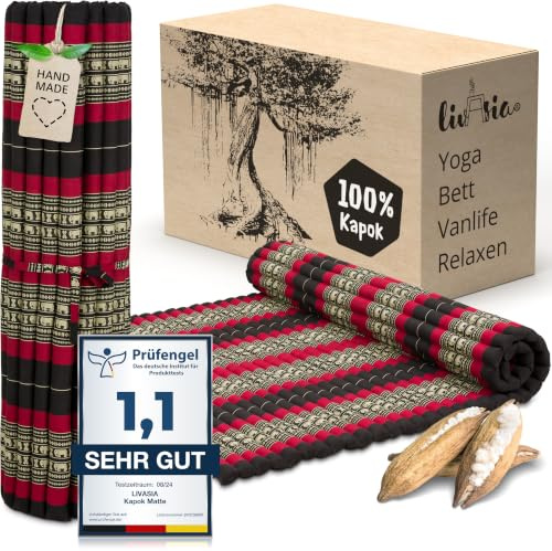 livasia Rollmatte Rollmatratze L-200x110x4,5cm, Gästebett Gästematratze 1 Person, Reisebett Kofferraum Outdoor, Thaimatte Kapok, Garten Balkon handgefertigt rubinrot