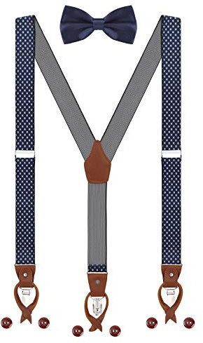 WANYING Set di bretelle e papillon da uomo, 2 WAY TO Wear 6 asole in pelle 3 fermagli Forma a Y 3,5 cm di larghezza bretelle estese per statura 160-200cm - A quadri Blu scuro & Bianco
