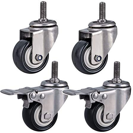 M8 / M10 / M12 Gewinde Lenkrollen für Möbel 1,5/ 2 (50 mm) Edelstahl 304 Halterung Schwerlastrollen 300kg Leise PU mit Bremse kleine Rollen für Tisch Schreibtisch Wagen Kinderbett 4 Stück