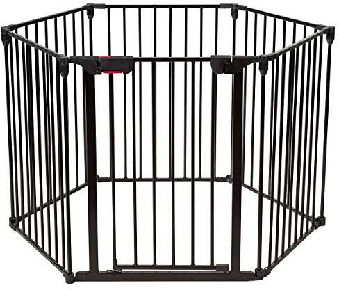 COSTWAY Kaminschutzgitter klappbar, Laufgitter mit Sicherheitstür, Ofenschutzgitter inkl. Wandhalterung, Konfigurationsgitter aus Metall, Absperrgitter(Schwarz, 6 Elemente)