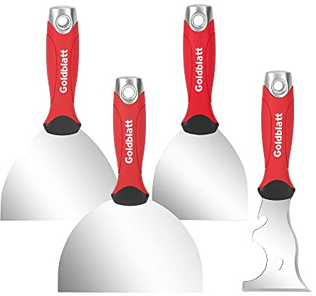 Goldblatt 4-piece Stainless Steel Joint Knife Set, 3-piece 4'', 5'', 6'' Putty Knives and 9-in-1 Multi-Tool Painter Scraper, Soft Handle with Hammer End, for Drywall