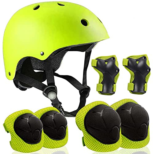 LOVMEAD 7 in 1 Schoner Set Kinder mit Helm für 3-8 Jahre, Einstellbar Protektoren Set Inliner Kinder mit Knieschoner Handgelenkschoner Ellenbogenschoner für Skate Skateboard Roller Radfahren (Grün)