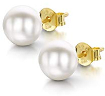 Amberta Pendientes de Botón para Mujer en Plata de Ley 925 con Perlas de Agua Dulce: Perla Blanca Chapada en Oro 7-8 mm