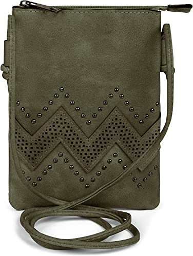 styleBREAKER Damen Mini Bag Umhängetasche mit Zick-Zack Cutout und Nieten, Schultertasche, Handtasche, Tasche 02012211, Farbe:Oliv