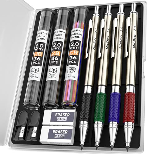 Nicpro Lot de 4 crayons mécaniques 2,0 mm avec étui, porte-mine en métal de 2 mm pour artiste avec 72 recharges de mine (HB 2B) et 36 recharges de mine colorées, 2 effaceurs, 2 taille-crayons pour