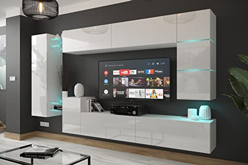 Furnitech Wohnwand Wohnzimmer | Wohnzimmer Möbel mit LED RGB - 16 Farben | Hängend Wohnwand Modern | Wohnzimmer Schrankwand mit Regale und TV Schrank (AN90NEW-21W-HG2)
