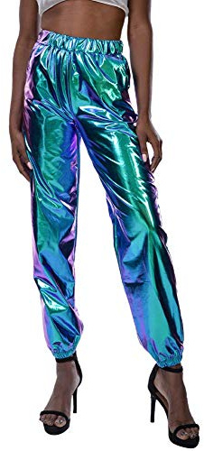 Damen Metallic Hose Glänzend Wetlook Cargohose Sporthose 80er Jahre Kleidung 90er Jahre Outfit Hologramm Hip Hop Leggings Jogginghose Sweathose Tanzhosen Party Disco Nachtclub Clubwear Blau M