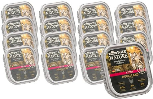 Dehner Wild Nature Katzenfutter Kitten Hügelland, Nassfutter getreidefrei / zuckerfrei, für junge Katzen, Huhn, 16 x 100 g Schale (1.6 kg)