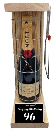 Moet Geschenkverpackung Geschenkset 96 Geburtstag Mann und Frau - Moet Eiserne Reserve Gitterkäfig incl. Notsäge Text s/w 96 Happy Birthday Champagner (1 x 0.75 l)
