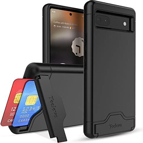 Teelevo Wallet Case for Google Pixel 6a, Dual Layer Case with Card Slot Holder and Kickstand for Google Pixel 6a - Black