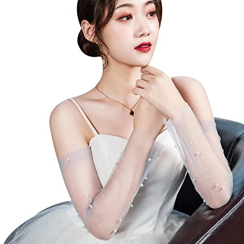 Asudaro Damen Hochzeitshandschuhe, 1 Paar Frauen Hochzeit Brauthandschuhe Fingerlose Tüll-Handschuhe Perle Lange Armstulpen Spitzenhandschuhe für Show-Hochzeits-Dinner-Opern-Party,grau