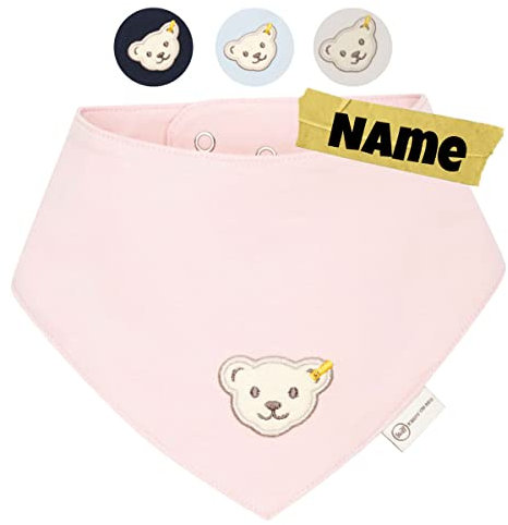 Steiff Baby Halstücher mit Name | BIO Baumwolle | Steiff personalisiert Dreieckstuch | 0-4 Jahre | Druckknopf | Halstuch Baby (Silver-Rosa)