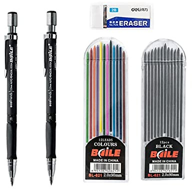 JOMPENS Büro Druckbleistifte 2,0 mm 2B Minenhalter Zeichnung Bleistift Set 12 Stück Minen Schreiben Schule Geschenke Schreibwaren (2 Stück Schwarz)