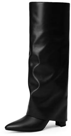 Modatope Black Boots for Women Fold Over Knee High Boots Chunky Heel Tall Boots Pointed Toe Long Boots Zipper Knee High Boots Size 6