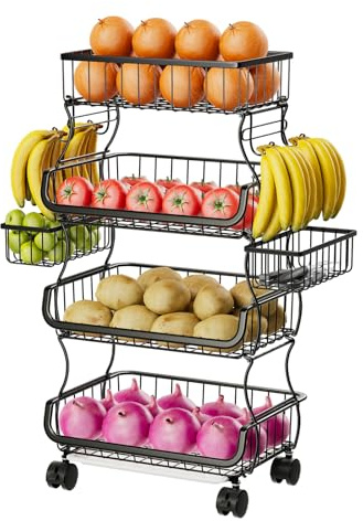 Simple Trending 4 Tier Rolling Cart, Stackable Fruit Vegetable Basket with Wheels and 2 Hanging Basket, Kitchen Storage Metal Wire Basket Stand for Vegetable Snacks, Black