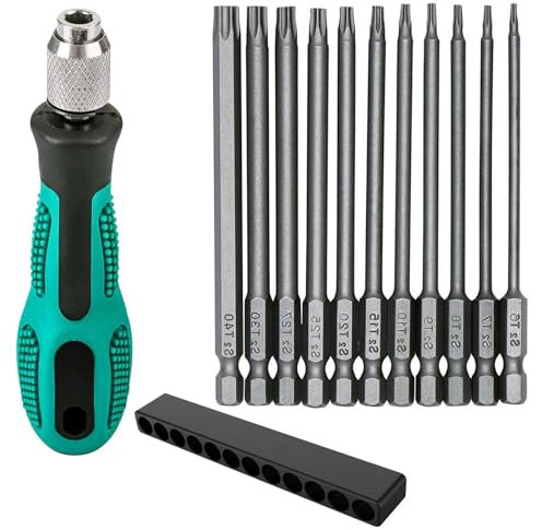 Set di punte Torx magnetiche da 11 pezzi, set di punte per cacciavite Torx da 1/4, con impugnatura, T6-T40, codolo esagonale lungo 100 mm, testa a stella in acciaio S2