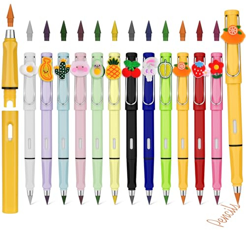 AUAUY 12 lápices Kawaii Infinity con borrador y puntas de repuesto, lápiz reutilizable sin tinta para escribir y dibujar, suministros escolares para estudiantes
