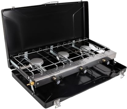 FineFlame 3-Burner Propane Camping Stove 19800 BTUs, Portable Camp Stove with 3 Adjustable Burners and Push-Button Instant Ignition, Portable Camping Grill, Built-in Carrying Handle