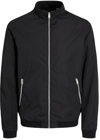JACK & JONES Mens Bomber Jacket Lightweight High Neck Full Zip Coat Long Sleeve Jackets for Men, Black Colour, Size- M