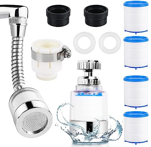 2 Stück Wasserfilter für Wasserhahn, 360° Wasserhahn Filter, Wasserfilter Wasserhahn mit 4 Stück Baumwollfilterelement, Wasserhahnverlängerung Wasserhahn Entkalker Aufsatz für Küche, Bad (B)