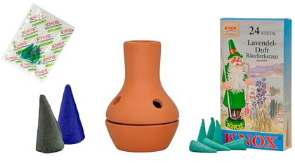 KNOX Feuertöpfchen Natur - Größe: ca. 9 cm - Inklusive Räucherkerzen - Düfte: Cannabis XXL & Lavendel M & Waldfrucht XXL - mit 3 Räucherkerzen Proben von Meeresbriese