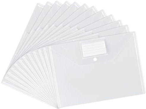 Vicloon Dokumententaschen A4, 12 Stück Transparent Dokumentenmappe mit Druckknopf, Transparent Dokumententasche mit Etikettentasche, Sichttaschen A4 Umschlagordner, Brieftaschen für Datei, Papier