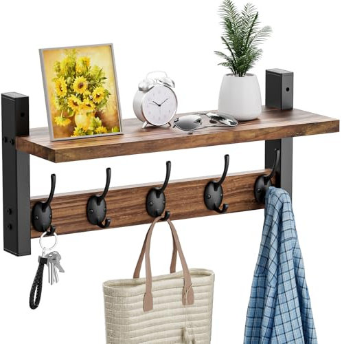 VITVITI Wandgarderobe mit Ablage, Holz Wandregal mit 5 Metall Haken, Wandmontiertes Hängeregal mit Kleiderstange, 40 cm Garderobe für Eingang, Schlafzimmer, Wohnzimmer, Flur