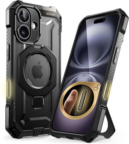 SUPCASE for iPhone 16 Case with Camera Control Capture Button (Unicorn Beetle Grip), [Compatible with MagSafe] Heavy Duty Rugged Magnetic Stand Phone Case for iPhone 16 6.1'' 2024, Black