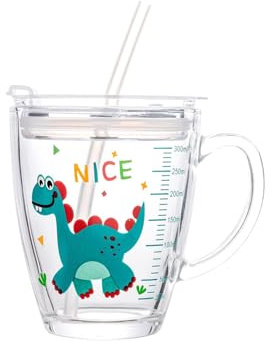 Dvagoent 350ml Vaso para Agua Graduado Cute Cartoon, Taza con Tapa, Pajita y Pincel para Pajitas (Dinosaurio)
