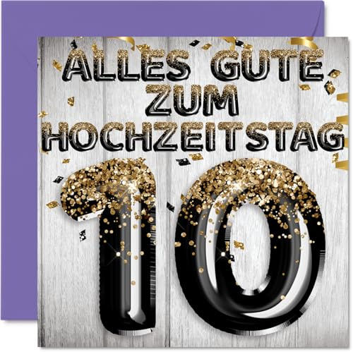 Stuff4 10. Hochzeitstag Karte Liebe, Schwarz Gold Glitzerballons | 10 Jahrestag Karte Hochzeitstag Geschenke für Mein Mann Ehemann Meine Frau Ehefrau, 145mm Glückwunschkarten