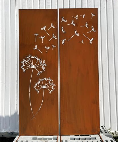 Lot de 2 brise-vue en métal patiné - Motif pissenlit avec graines - 165 cm x 100 cm - Plaque de jardin - Décoration de jardin - Résistant aux intempéries