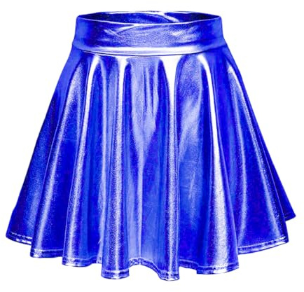 Aurasky Falda Metálica Azul, Metálico Brillante Minifalda, Faldas Mujer Elástica Plisada, Patinador Acampanada para Carnaval Fiesta Cosplay