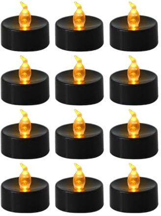 Kuntesetty Lot de 12 Bougies Chauffe-Plat sans Flamme Noires à LED, Fausses Bougies Chauffe-Plat Électriques, Décorations d'halloween et de Noël, Flash Jaune