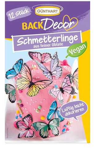 Günthart BackDecor 12 bunte Schmetterlinge aus Oblaten, in verschiedenen Farben und Größen, 3D Schmetterling Effekt | 100% VEGAN, 1er Pack (1 x 5 g)