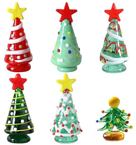 6 handgefertigte Glas-Weihnachtsbäume mit Sternen, Mini-Ornamente für Tischplatte, 6,6 bis 7,6 cm, bunte Dekoration für Zuhause, Auto, Büro und Partys