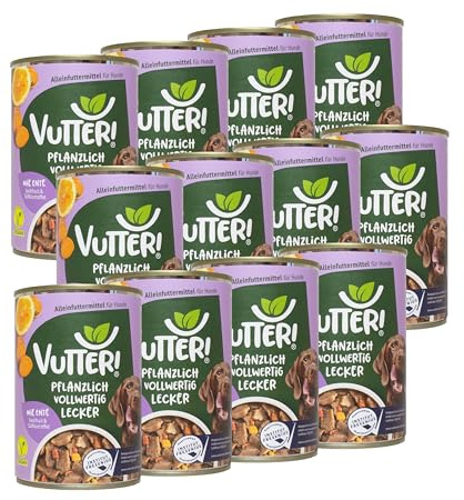 VUTTER Nassfutter Wie Ente, 12x400 g: Hundefutter Vegan - Alleinfutter für Hunde - Fleischähnlich für hohe Akzeptanz - Sojaprotein für Muskeln, Zink für Haut & Fell, Kalzium für Zähne & Knochen