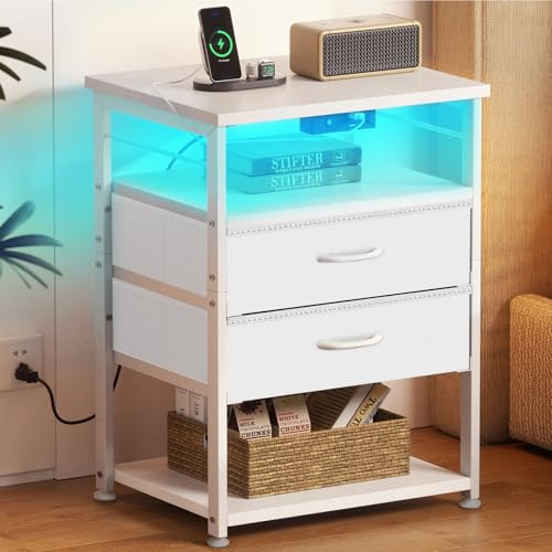 Coleshome Comodino Camera da Letto, Comodini con 2 Prese USB e 1 Presa di Corrente e Luci a LED, con 2 Cassetti in Tessuto e 2 Vani Portaoggetti, Adatto a Camere da Letto Piccole, 40 * 30 * 70cm