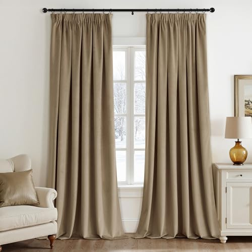 EMEMA Samtvorhang mit Kräuselband H-beige Samt Gardinen Deko Blickdichte Vorhänge 2er Set, Schöne Dicke und Schwere Wohnzimmer Schlafzimmer Verdunkelung Thermovorhang Samt kräuselband, H245xB140 cm