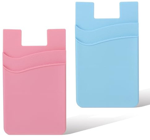 Aysatogc 2 PCS Phone Wallet Stick on, Credit Card Holder for Back of Phone Case Strong Adhesive Sticker on Great Storage Compatible for Most Smartphones(Blue, Pink)