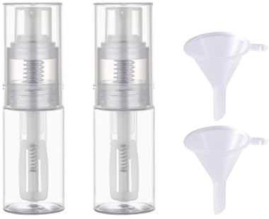 HugeDE 2 Pcs 35 ml Transparent Plastic Pump Sprayer Refillable Powder Spray Bottle Travel Glitter Powder Container Empty Cosmetics Dispenser Portable Makeup Bottle with 2 Pcs Funnels